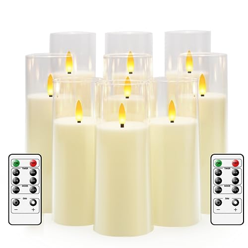 Flickering Flameless LED Pillar Candles - Pack of 9 (Ivory)